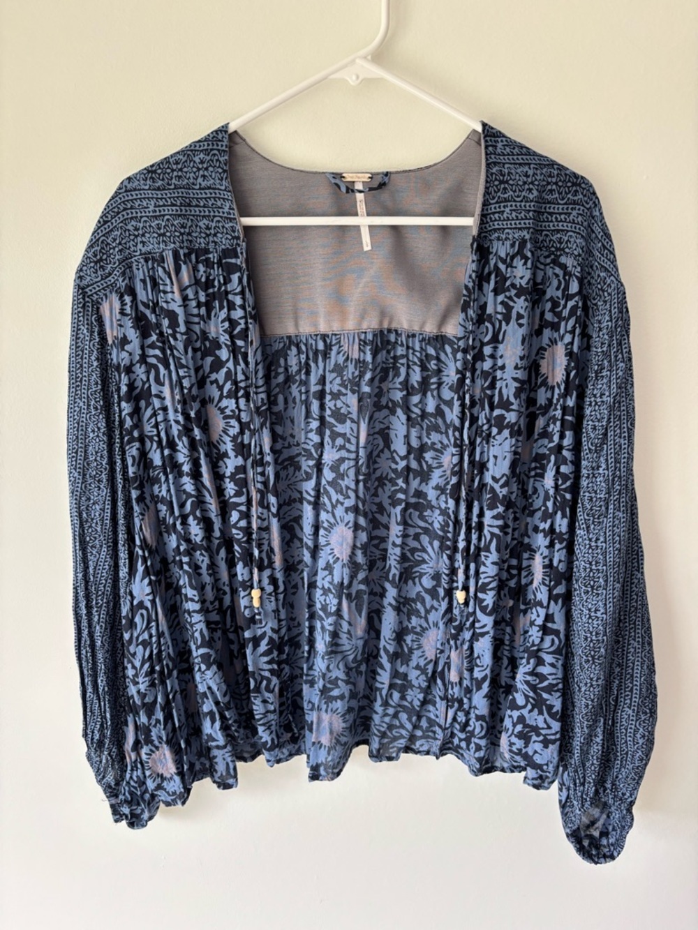 Free People Blue Floral Tie Front Cardigan Ballon Sleeve Boho Peasant Multiprint